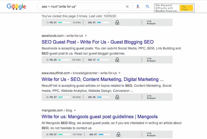 Guest posting site option from Google search using the Mozbar to filter low DA sites
 