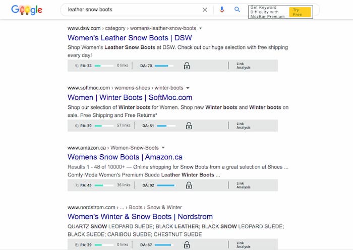 Example of Mozbar used in an analysis of the SERP